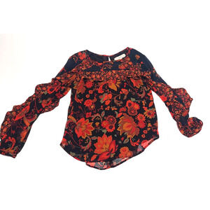 LOFT orange floral sheer ruffle sleeve blouse women's small petite